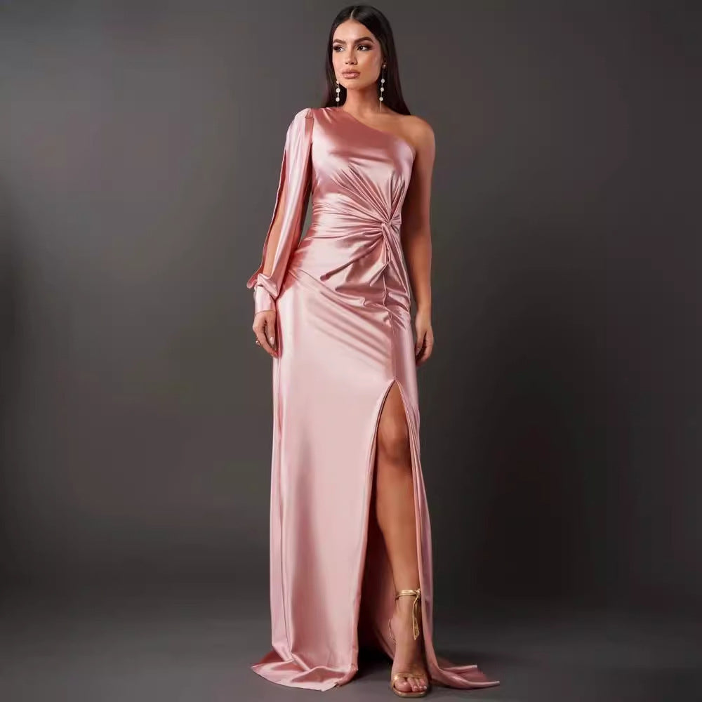 One-Shoulder Split Long Dress – Elegant Socialite Style