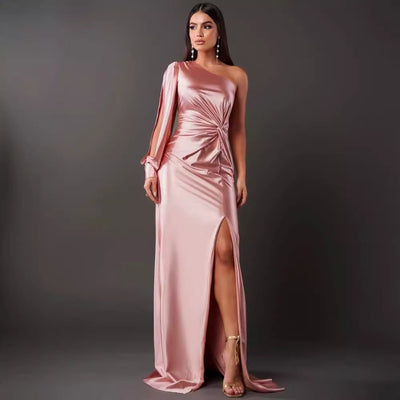 One-Shoulder Split Long Dress – Elegant Socialite Style