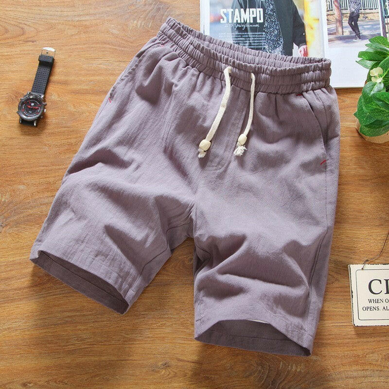 Korean version of solid color linen casual beach shorts