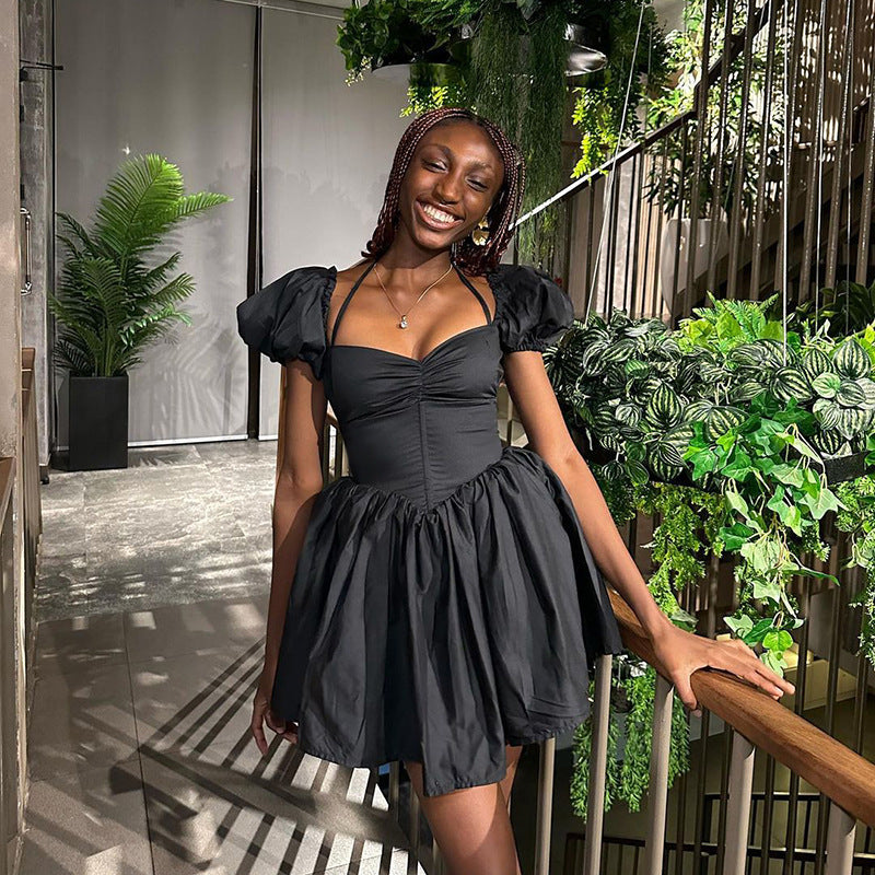 Off-shoulder Halterneck Skirt Puff Sleeve Dress