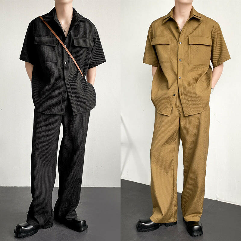 Two-Piece Pleated Suit with Short-Sleeved Shirt Set