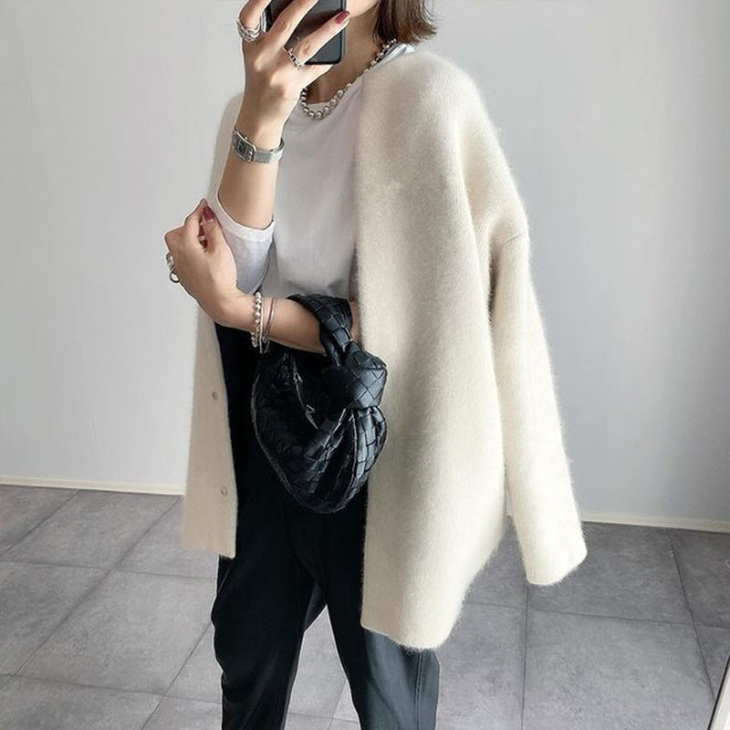Women's Solid Color Wool-like Coat, Oversized Long Sleeve Button Up Trench