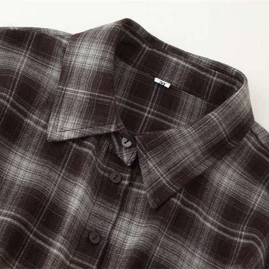 Women's Loose Lapels Waist-controlled Long Sleeves Plaid Shirt