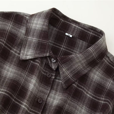 Women's Loose Lapels Waist-controlled Long Sleeves Plaid Shirt