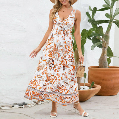 Floral Print V-neck Sleeveless Long Dress: Summer Slim Fit Fashion