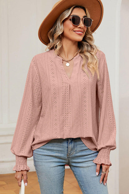 Eyelet Notched Long Sleeve T-Shirt