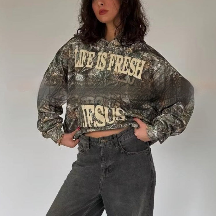 Camouflage Pattern Hoodie Long-sleeved Sweater For Women