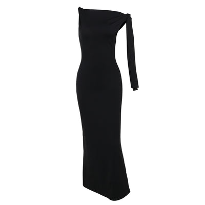 One-shoulder Ribbon Long Dress Ins Fashion Slim Sleeveless Dresses