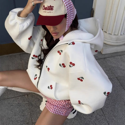 Women's Cherry Print Zip Hoodie