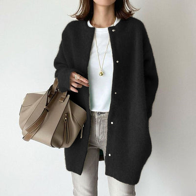 Women's Solid Color Wool-like Coat, Oversized Long Sleeve Button Up Trench