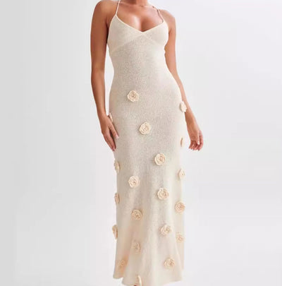 Women's Braces Skirt Three-dimensional Flower Knitted Backless Lace-up Dress