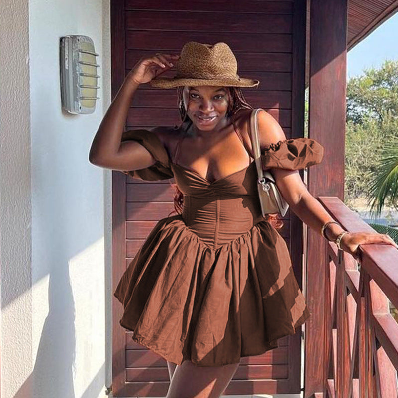 Off-shoulder Halterneck Skirt Puff Sleeve Dress