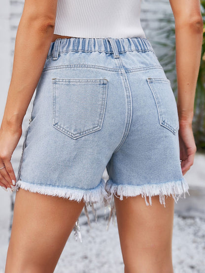 Distressed Pearl Trim Denim Shorts with Pockets