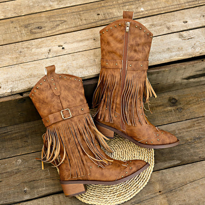 Studded Fringe Block Heel Boots