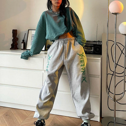 Women's Hip Hop Loose Retro Print Grey Sweatpants