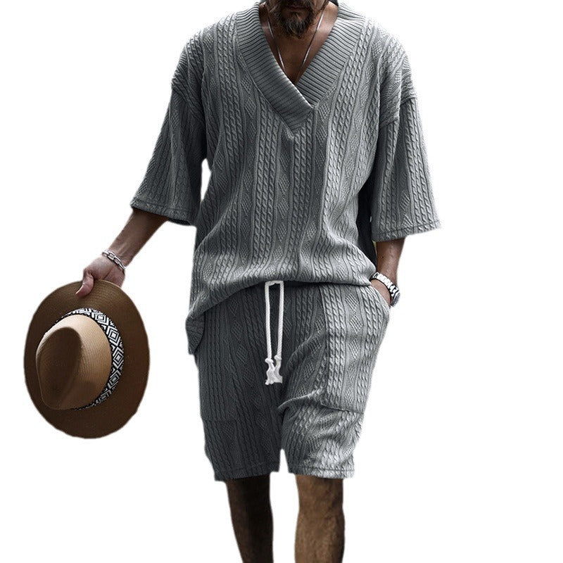 Men's Casual Loose Jacquard Knitwear Shorts Suit