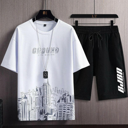 Printed Men's Short-Sleeved T-shirt and Shorts Sports Two-Piece Set