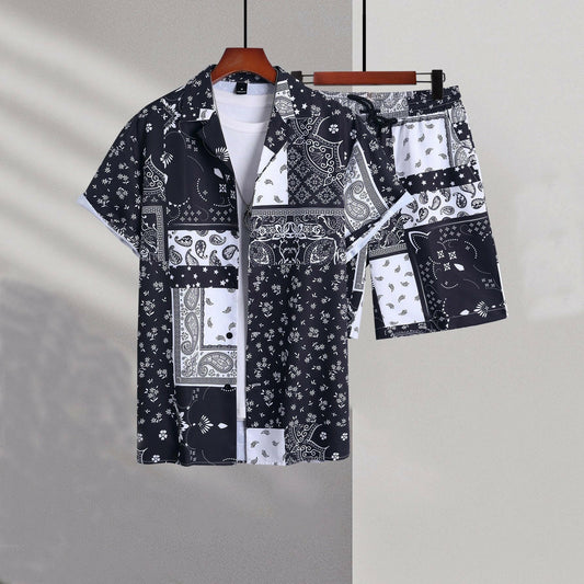 Men's Casual Cardigan and Shorts Set with Cashew Flower Design