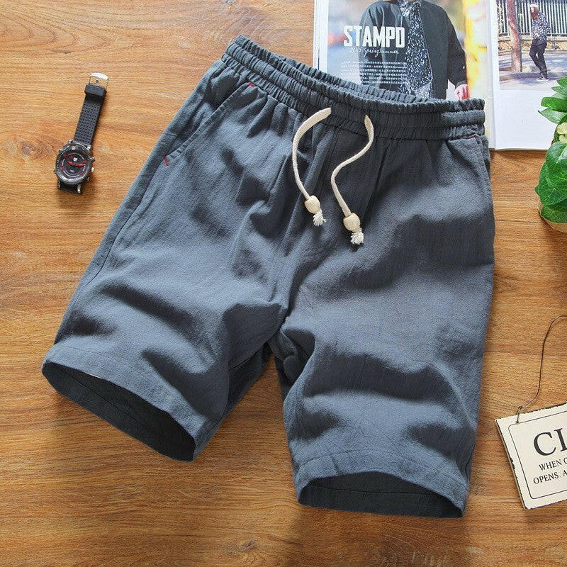 Korean version of solid color linen casual beach shorts