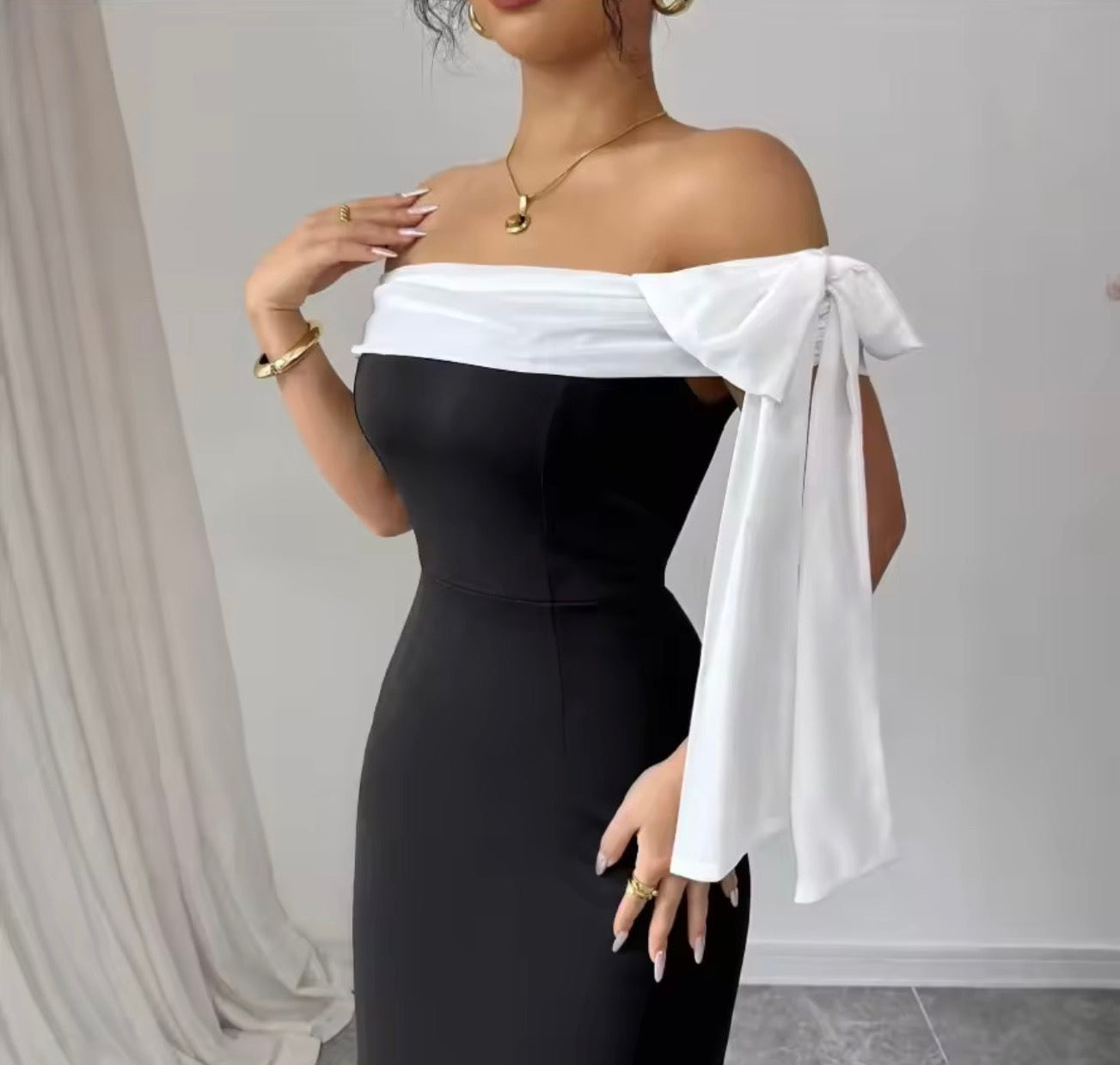 Women’s Off-Shoulder Ribbon Dress – Slim Fit Style