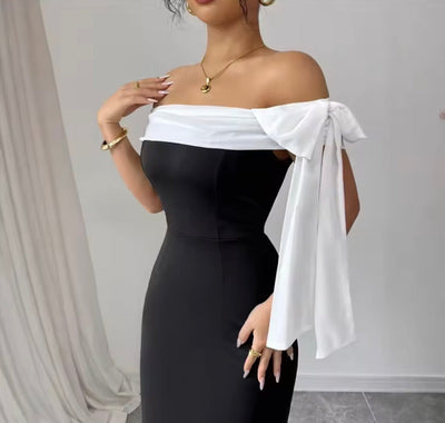 Women’s Off-Shoulder Ribbon Dress – Slim Fit Style