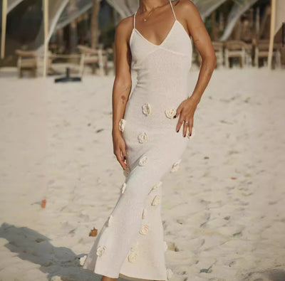 Women's Braces Skirt Three-dimensional Flower Knitted Backless Lace-up Dress