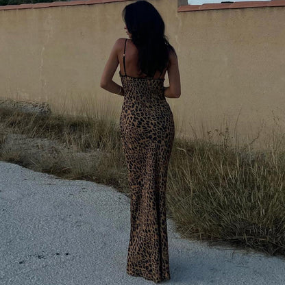 Women's Sling Fashion Tie Backless Leopard Print Dress