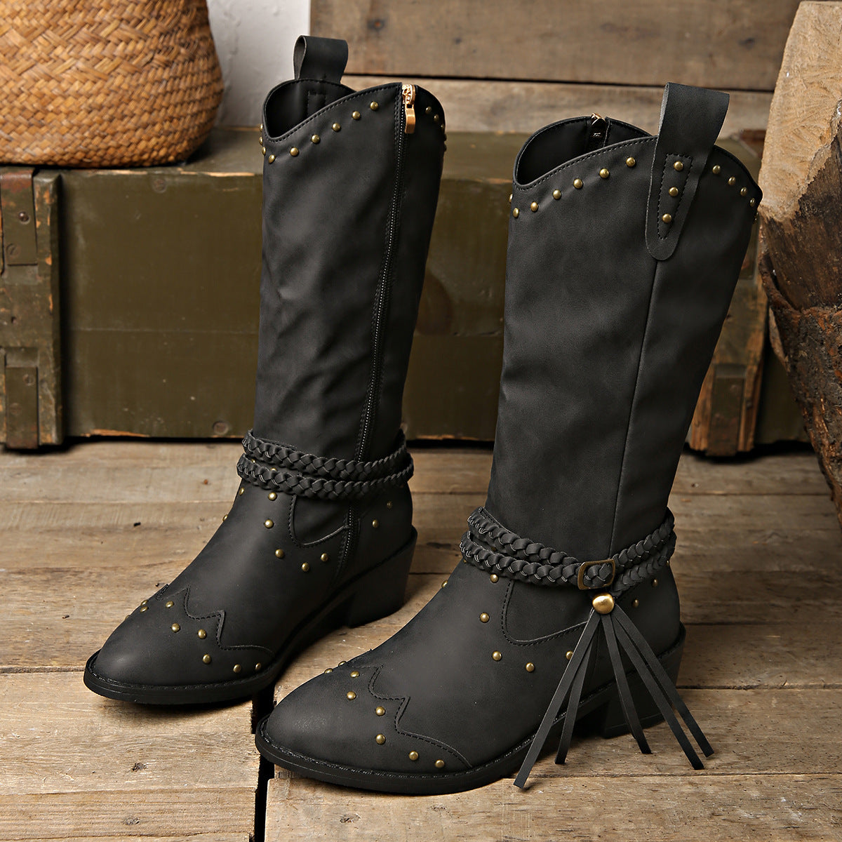 Studded PU Leather Block Heel Boots