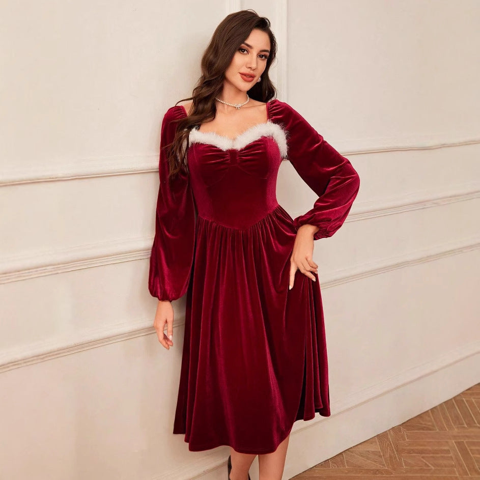 Vintage Christmas Party Long Sleeve Red Velvet Dress