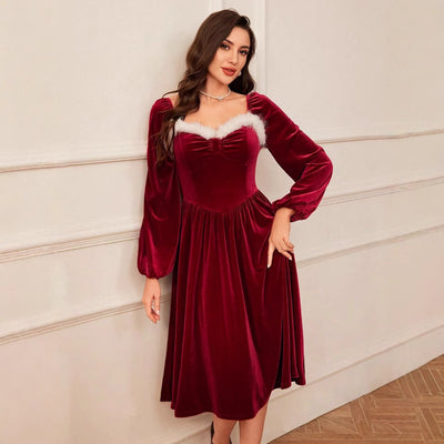 Vintage Christmas Party Long Sleeve Red Velvet Dress