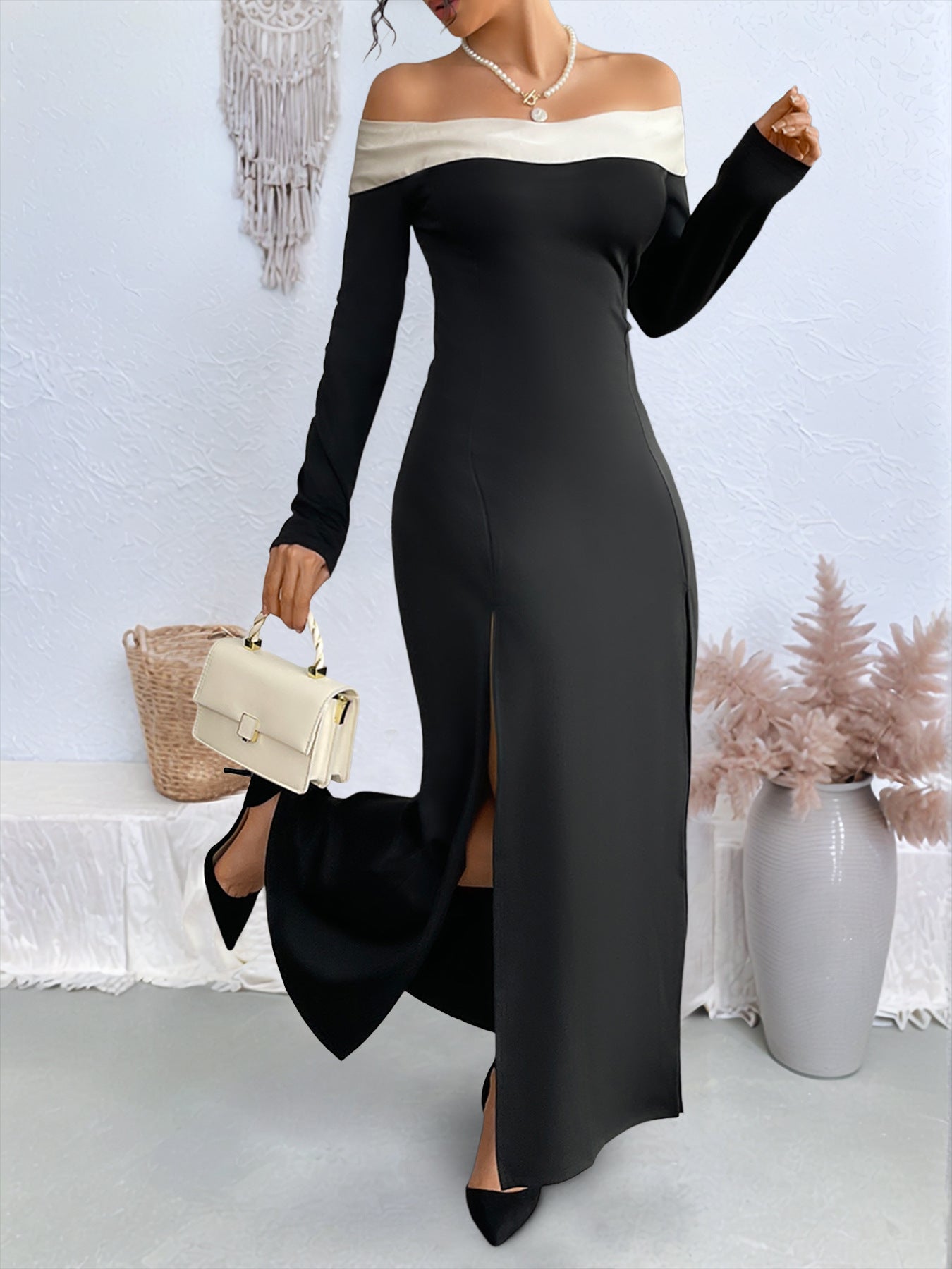Female One Shoulder Patchwork Slim Long Dress