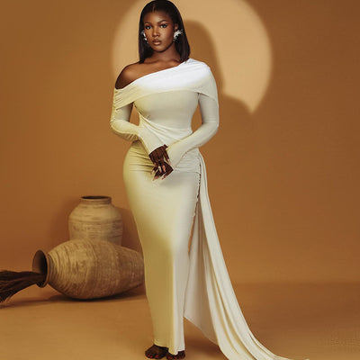 Solid Color Dress With Diagonal Neckline Exposing One Shoulder Long Sleeve