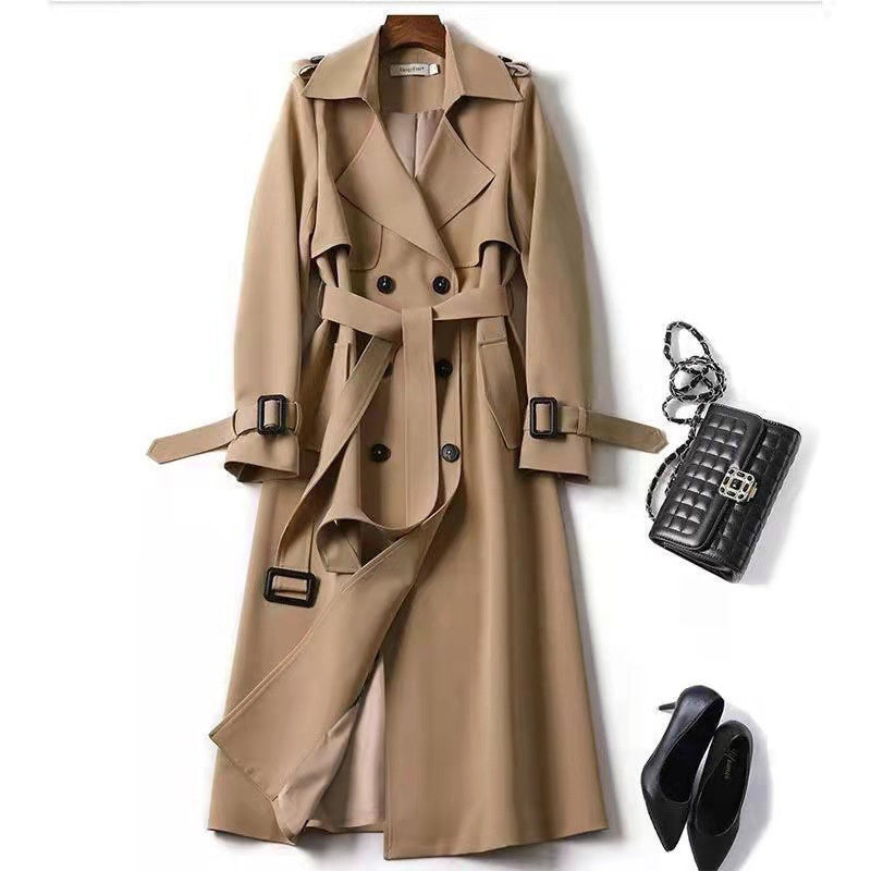 Women's Classic Trench Coat, Solid Color Long Sleeve Belted Mid-Length Jacket