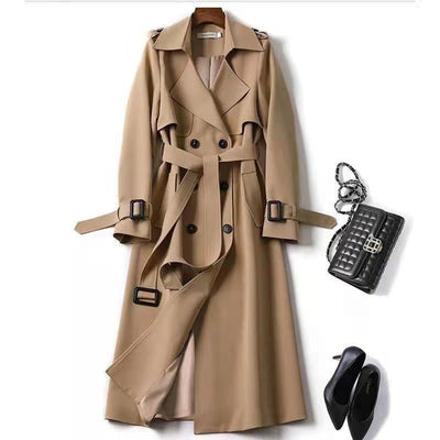 Women's Classic Trench Coat, Solid Color Long Sleeve Belted Mid-Length Jacket