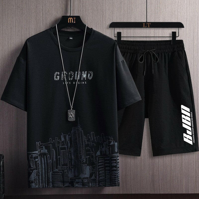 Printed Men's Short-Sleeved T-shirt and Shorts Sports Two-Piece Set