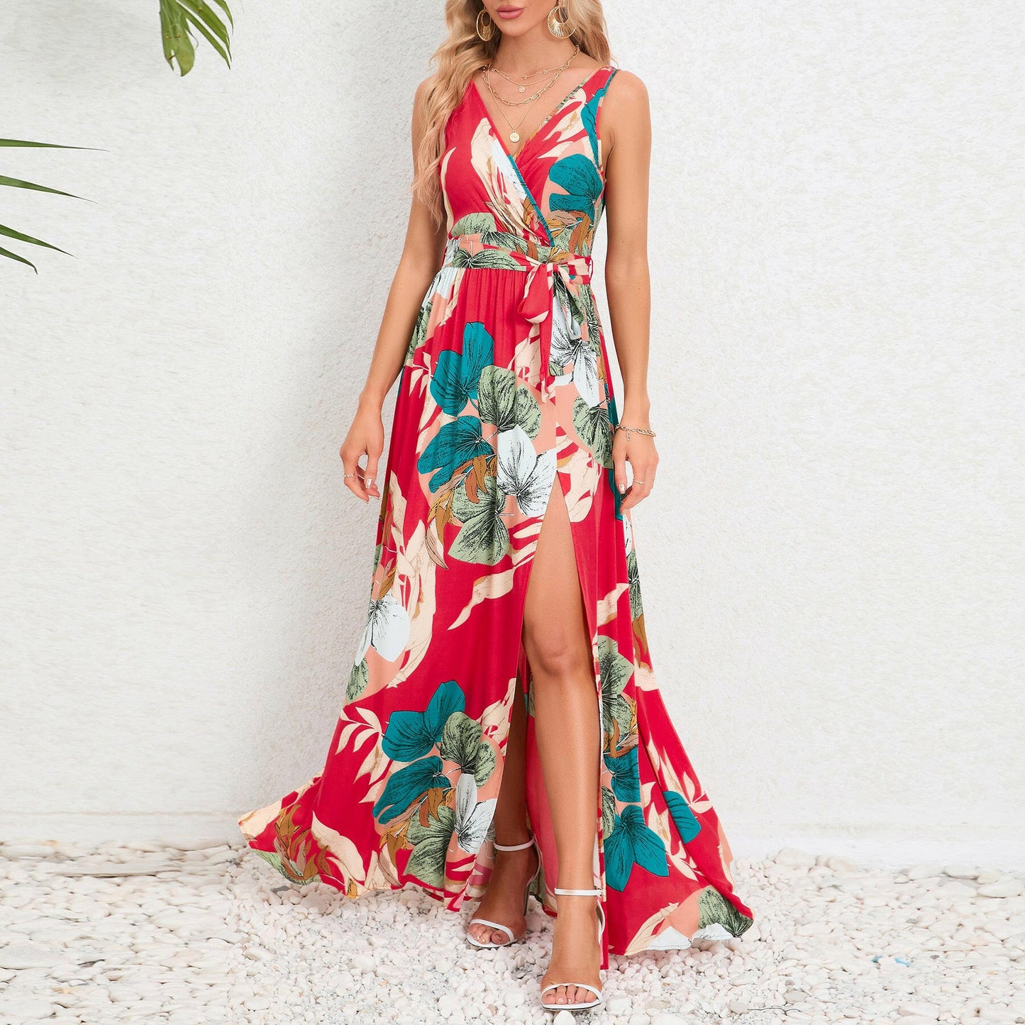 Summer Dress Fashion with Waist Tie and Slit Detail