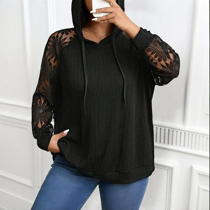 Women's Plus Size Hoodie Lace Long Sleeve Pullover Top, Fall Casual Drawstring Sweatshirt