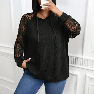 Women's Plus Size Hoodie Lace Long Sleeve Pullover Top, Fall Casual Drawstring Sweatshirt