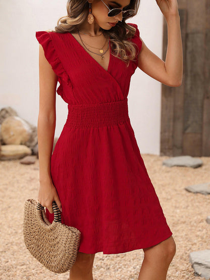 Elegant V-neck Ruffled Sleeve Waist-tight Dress