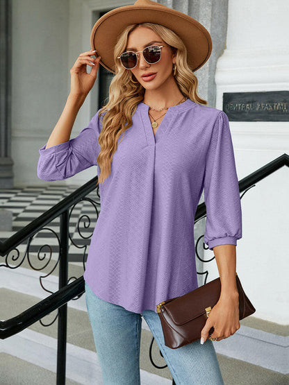 Notched Neck Three-Quarter Sleeve Blouse