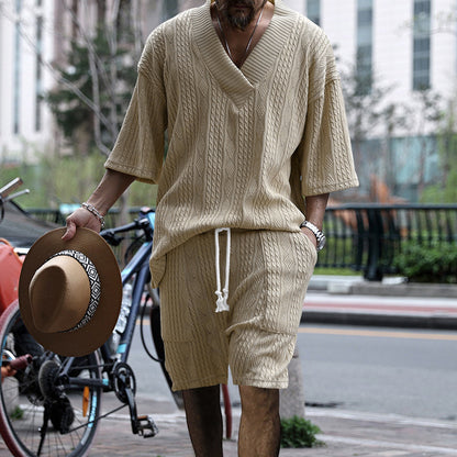 Men's Casual Loose Jacquard Knitwear Shorts Suit