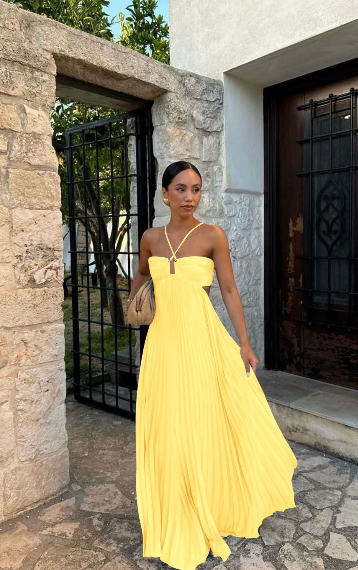 Pleated Halter Sling Dress for Women – High Waist Evening & Party Wear