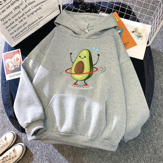 Hoodies Sporty Cartoon Avocado Print Warm New Sweatshirt Wom