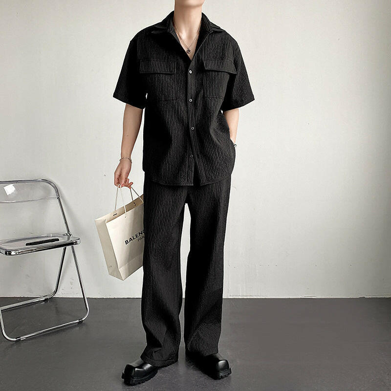 Two-Piece Pleated Suit with Short-Sleeved Shirt Set