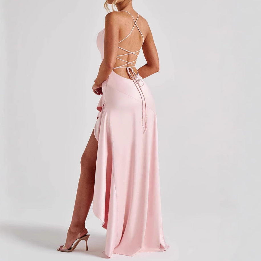 Backless Ruffles Irregular Evening Party Maxi Dress