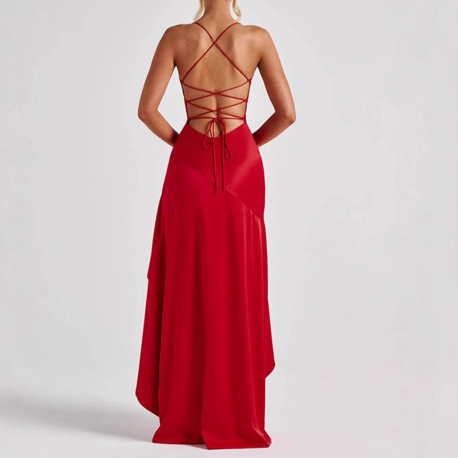 Backless Ruffles Irregular Evening Party Maxi Dress