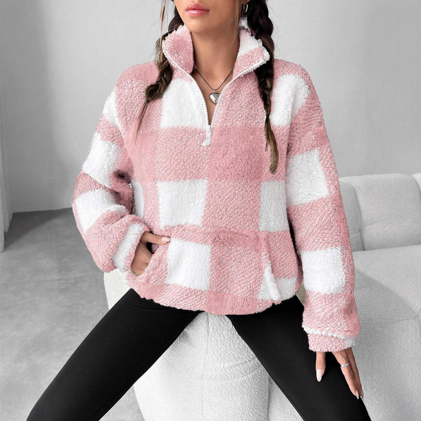 Women's Short Plaid Half-open Collar Plush Sweater