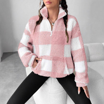 Women's Short Plaid Half-open Collar Plush Sweater