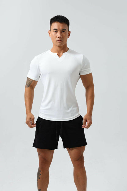 Men's V-collar Short Sleeve Solid Color