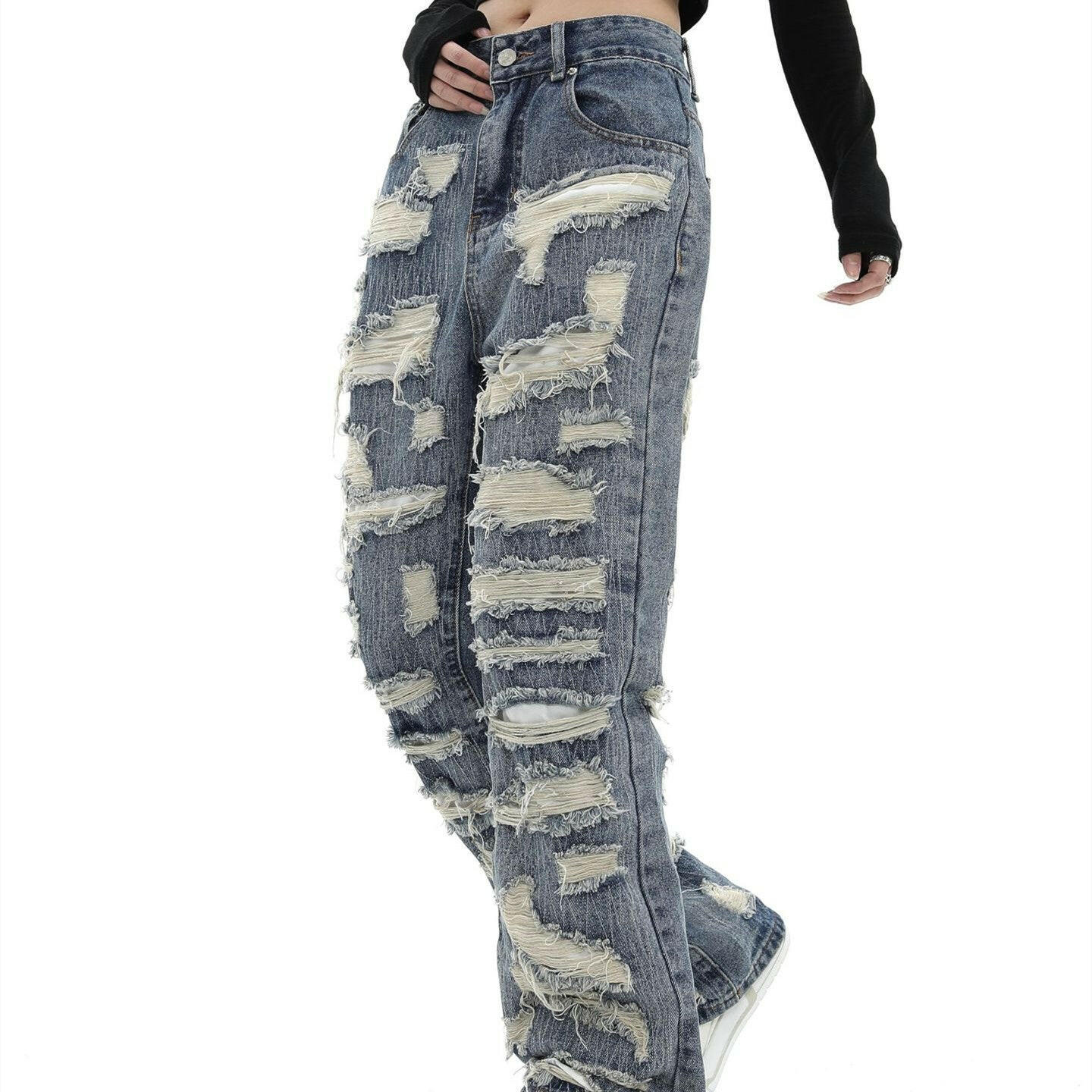 Fashion Ripped Straight Denim Trousers